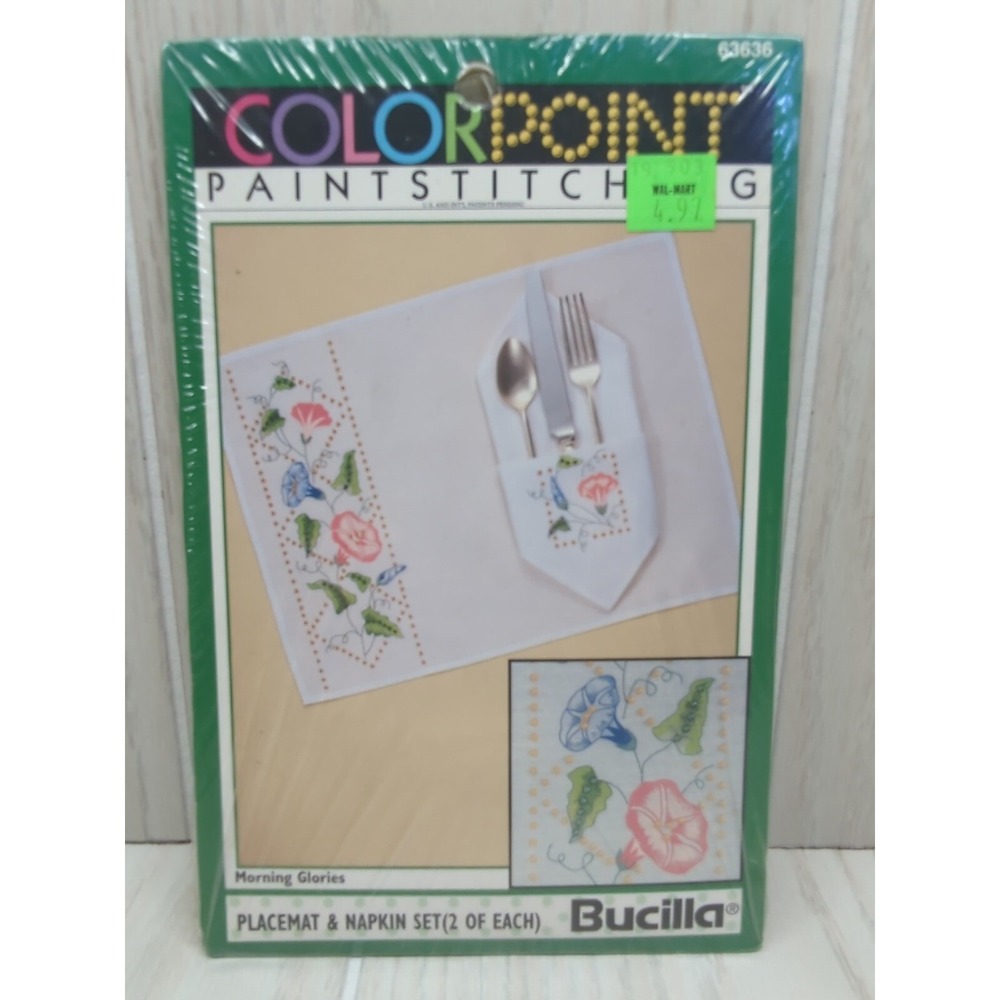 Bucilla Morning Glories Colorpoint Paint Stitching Kit Placemat Napkin set